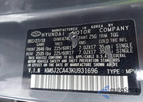 2019 Hyundai Tucson Se z USA, uszkodzony, nr VIN KM8J2CA43KU931696